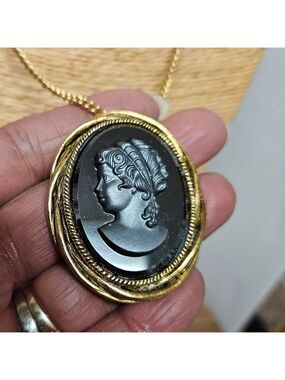 Vintage 60s Black on Black Raised Glass Cameo Pendant-Pin (with Chain)